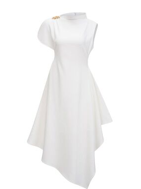 Elegant White Asymmetrical Midi Dress with Gold Shoulder Detail
